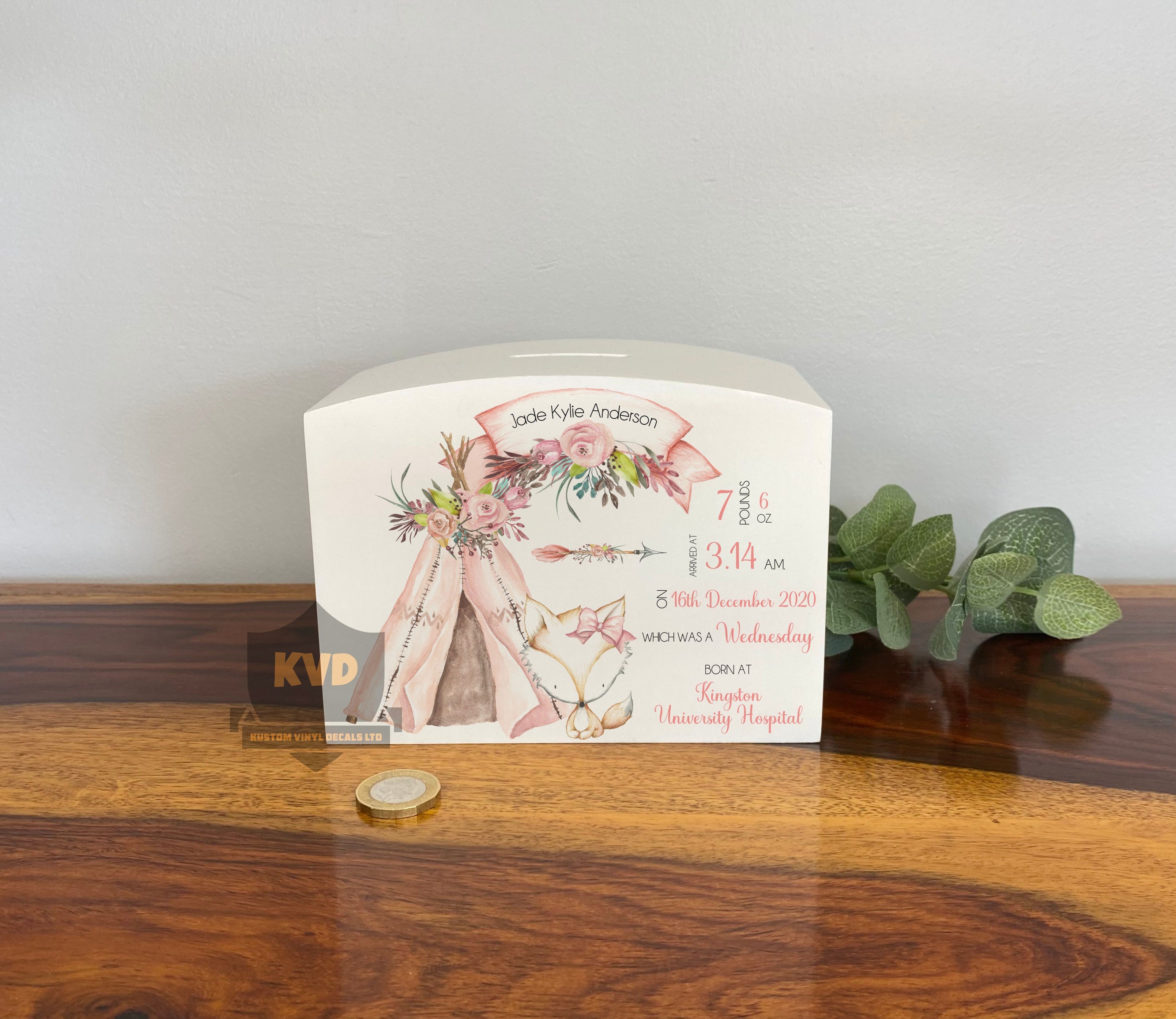 Personalised Solid Wood Luxury Woodland Fox Money Box