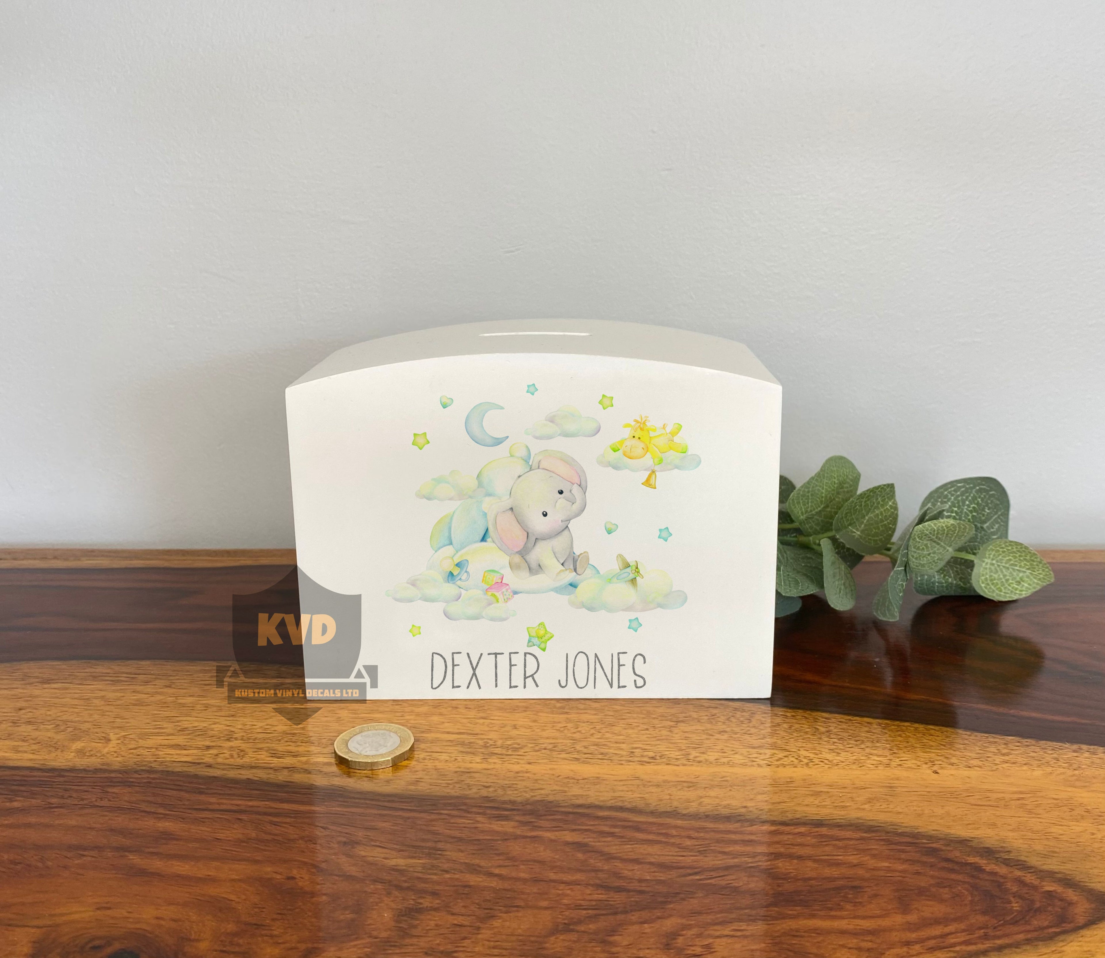 Personalised Solid Wood Luxury Baby Elephant design Kids Money Box